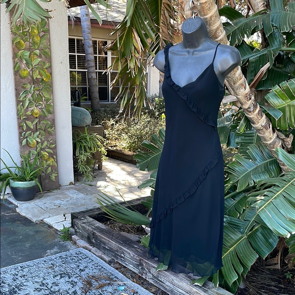 Vintage cinnamon girl, silk asymmetric bias, cut slip dress with ruffle